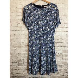 LOFT Dress Womens 6 A Line Navy Blue Micro Florals Slit Sleeve Stretch Flowy